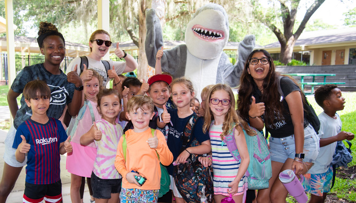 Sharky mascot meets students